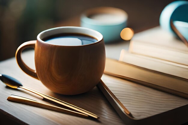 une tasse de thé et un livre sur une table