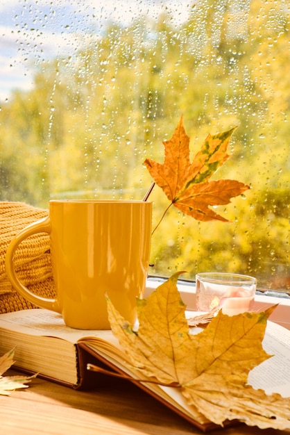 Tasse de thé livres feuilles d'automne et bougie sur le rebord de la fenêtre à la maison