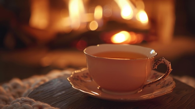 Une tasse de thé à la lumière chaude des bougies sur la toile de fond d'une cheminée le concept de luxe silencieux