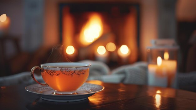 Une tasse de thé à la lumière chaude des bougies sur la toile de fond d'une cheminée le concept de luxe silencieux