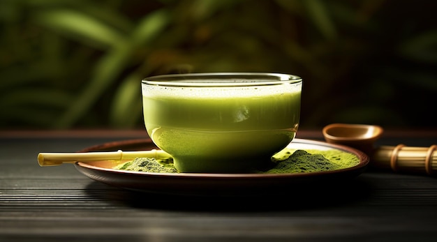 Une tasse de thé matcha avec un fond confortable Boisson chaude sur la table pour la cérémonie traditionnelle asiatique