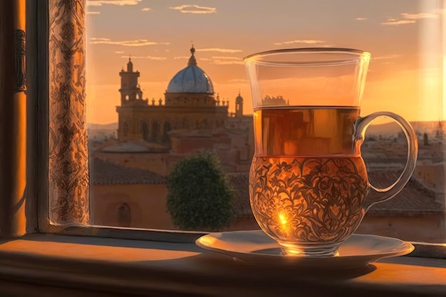 Tasse de thé mauresque dans la fenêtre avec vue sur la mosquée Creative AI