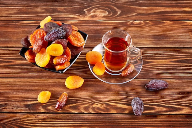 Une tasse de thé et un mélange de fruits secs dans une assiette sur une table en bois