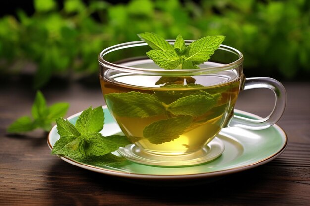 Photo une tasse de thé à la menthe sur la table à l'arrière-plan thé vert avec de la menthe fraîche vue supérieure avec espace de copie