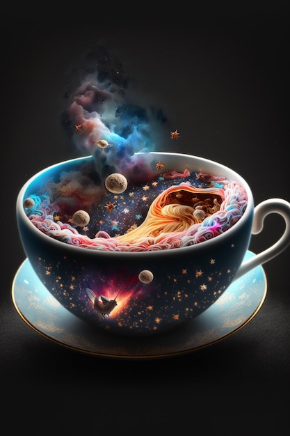 Une tasse de thé avec une nébuleuse et des étoiles dessus