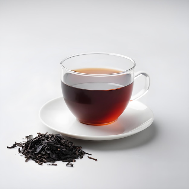 Tasse de thé noir fraîchement infusé et de thé noir sec sur fond blanc avec espace de copie généré par l'IA