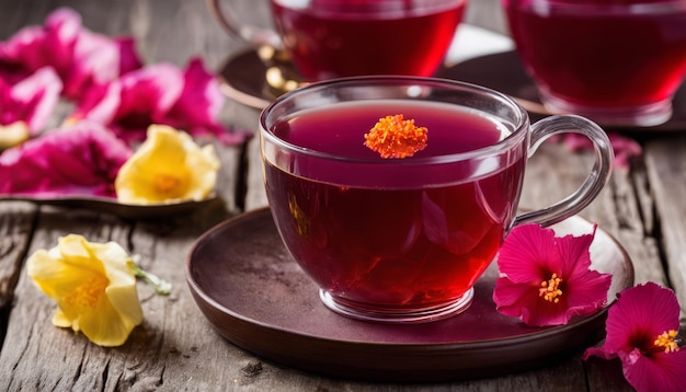 Une tasse de thé avec un pétale de fleur flottant dedans