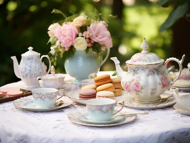 Tasse de thé et petits gâteaux sur une table dans le jardin