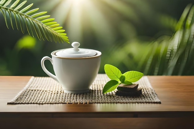 une tasse de thé et une plante sur une table.