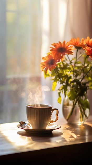 Une tasse de thé près du rebord de la fenêtre