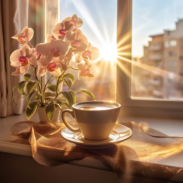 Une tasse de thé près du rebord de la fenêtre