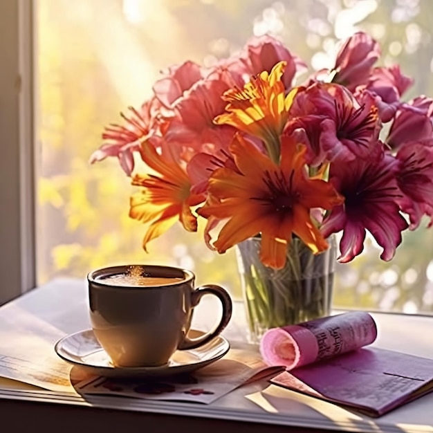 Une tasse de thé près du rebord de la fenêtre