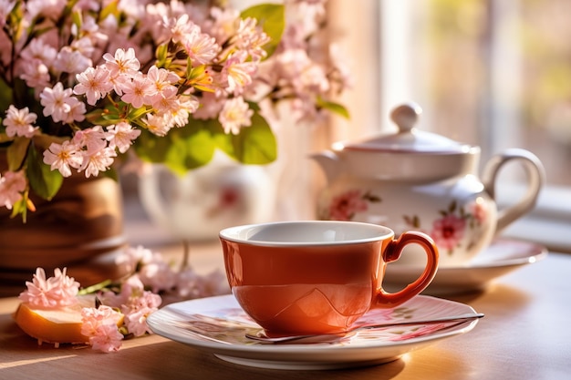 Une tasse de thé près du rebord de la fenêtre