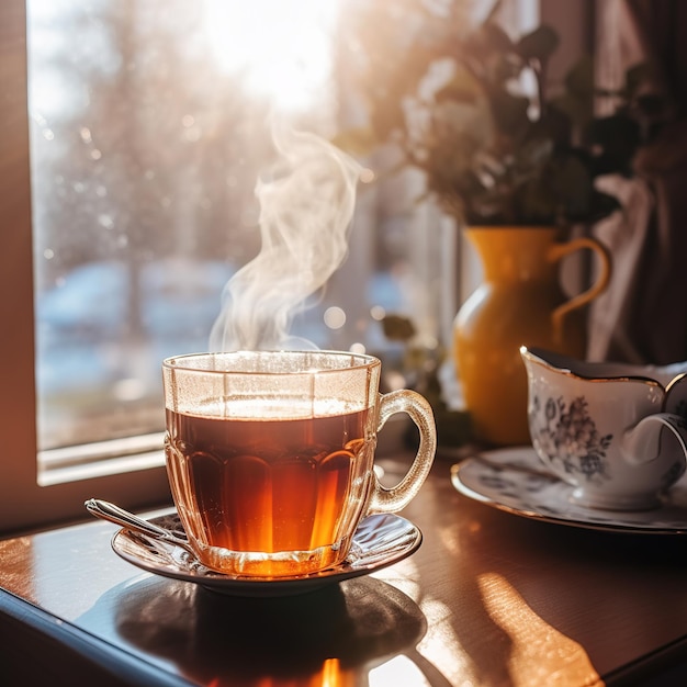 Une tasse de thé près du rebord de la fenêtre