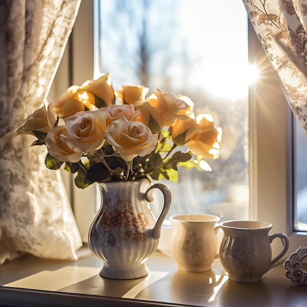 Une tasse de thé près du rebord de la fenêtre