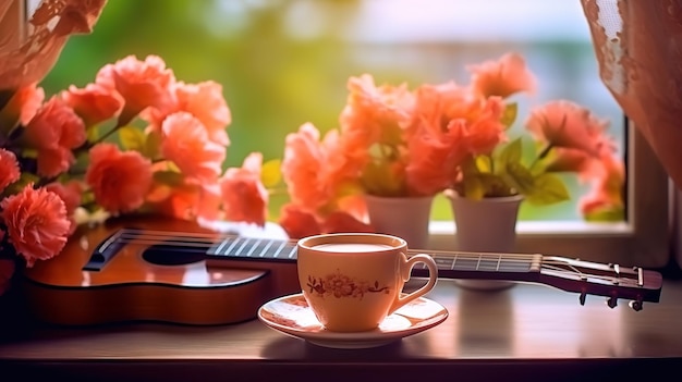 Une tasse de thé près du rebord de la fenêtre