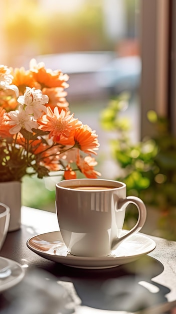 Une tasse de thé près du rebord de la fenêtre