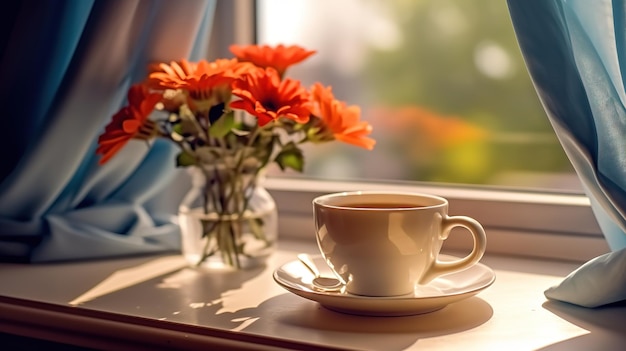 Photo une tasse de thé près du rebord de la fenêtre