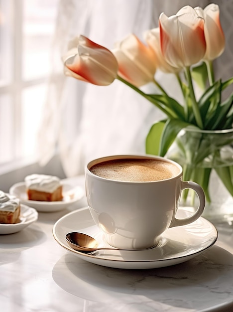 Une tasse de thé près du rebord de la fenêtre