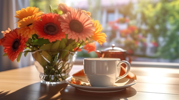 Une tasse de thé près du rebord de la fenêtre