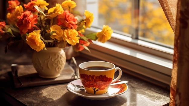 Une tasse de thé près du rebord de la fenêtre