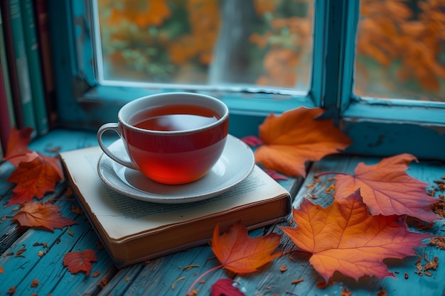 Une tasse de thé près de la fenêtre.