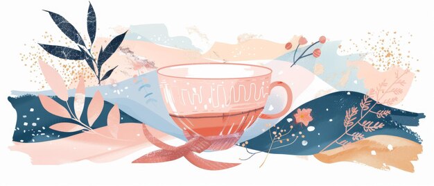 Une tasse de thé rose isolée liée à un foulard bleu fait une scène d'hiver chaleureuse et confortable Une tasse est enveloppée dans un foullard tricoté C'est un environnement relaxant pour traîner Illustration de style dessin animé