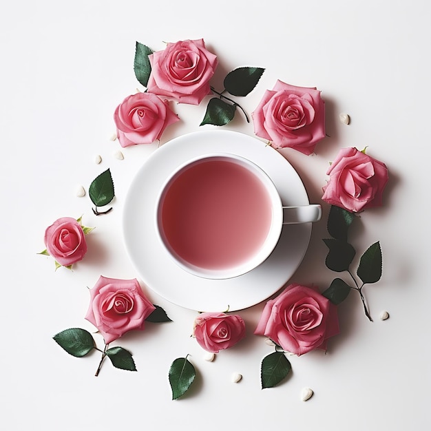 Photo tasse de thé et roses rouges sur fond blanc vue de dessus à plat ia générative