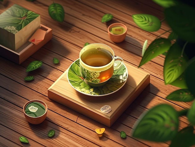 Une tasse à thé et une soucoupe avec un motif de feuilles dessus