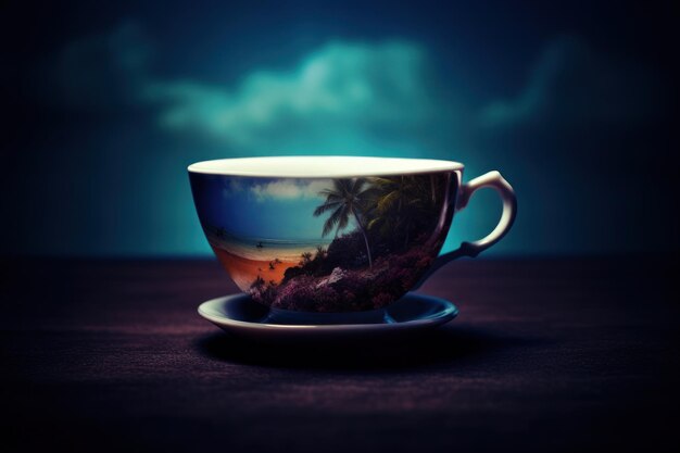 Une tasse de thé et une soucoupe avec une photo d'une plage