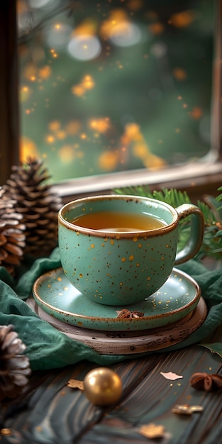 Une tasse de thé sur une soucoupe repose sur une vaisselle près d'une fenêtre