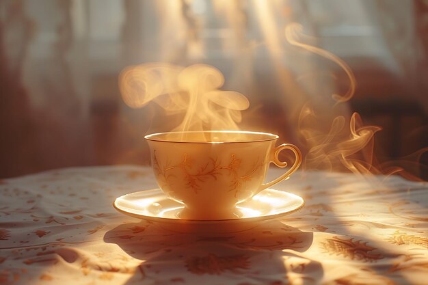 Une tasse de thé et une soucoupe en silhouette, une ombre coulée avec de la vapeur, une photo créative d'un arrière-plan élégant