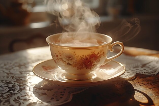 Une tasse de thé et une soucoupe en silhouette, une ombre coulée avec de la vapeur, une photo créative d'un arrière-plan élégant