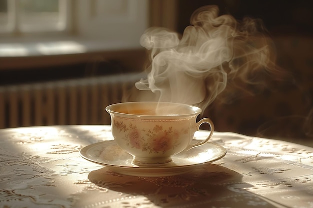 Une tasse de thé et une soucoupe en silhouette, une ombre coulée avec de la vapeur, une photo créative d'un arrière-plan élégant