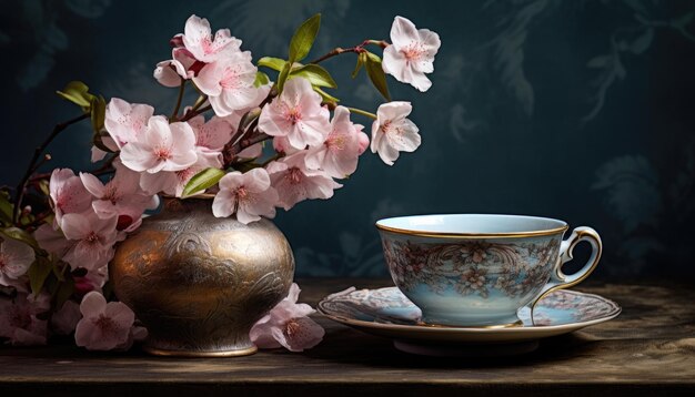 Une tasse de thé et une soucoupe sur la table.