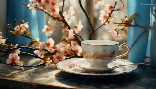 Une tasse de thé et une soucoupe sur la table.