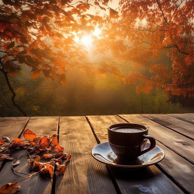 Tasse à thé sur table en bois avec coucher de soleil d'automne