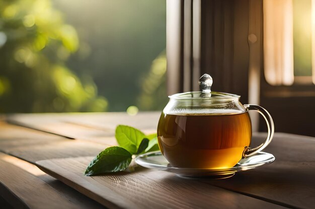 une tasse de thé sur une table en bois avec une feuille verte.