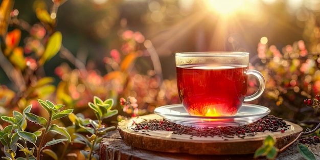 Une tasse de thé sur une table en bois