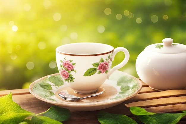 Une tasse de thé sur la table sur le paysage avec la lumière du soleil beauté de la nature arrière-plan ai génératif