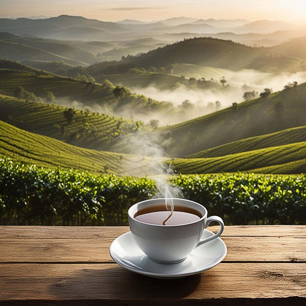 une tasse de thé sur une table avec une vue sur la vallée