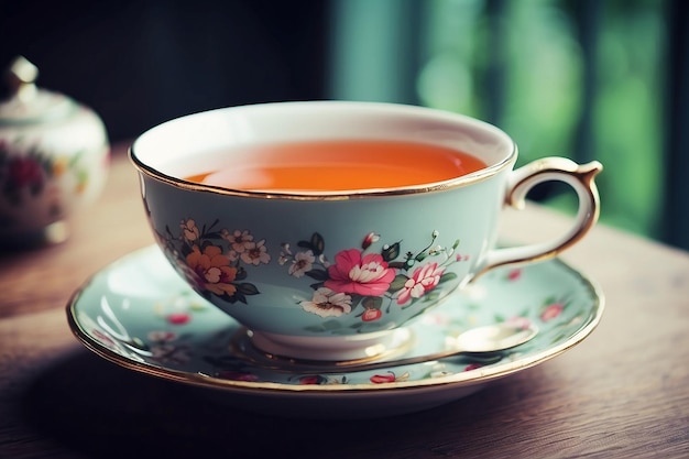 Une tasse de thé sur la table.