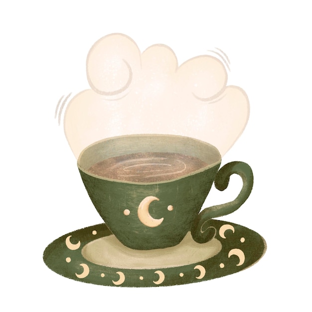 Une tasse de thé, une tasse de café, une illustration pour une boutique de sorcellerie, une potion à base de plantes isolée.