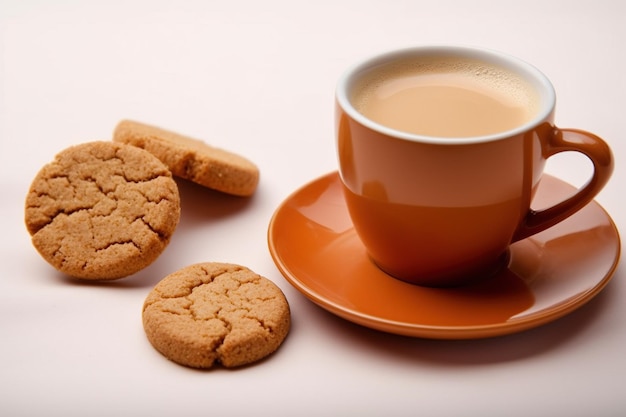 Une tasse de thé et une tasse de thé avec des biscuits sur fond rose.