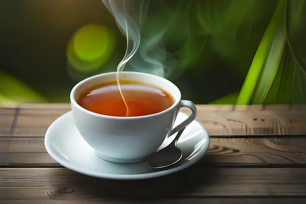 Une tasse de thé avec une tasse de thé sur une table en bois.