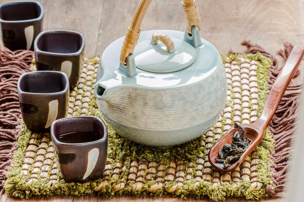 Tasse de thé et théière sur bois