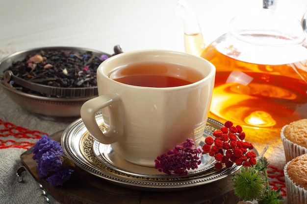 Une tasse de thé avec une théière et une tasse de thé sur un plateau.
