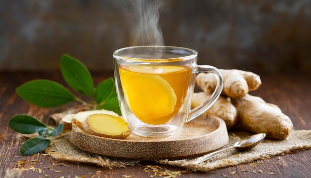 Une tasse de thé avec une tranche de citron et de gingembre sur un plateau en bois