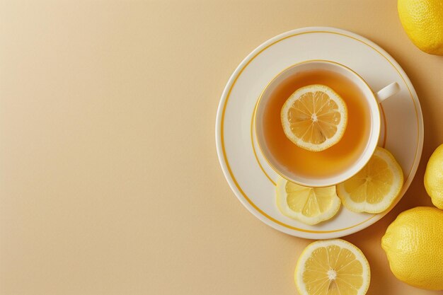 Une tasse de thé avec des tranches de citron à l'arrière-plan avec un espace de copie