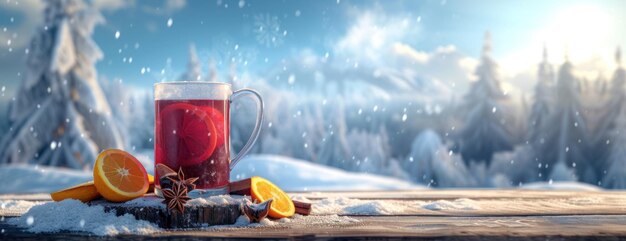 Une tasse de thé avec des tranches d'orange sur une table en bois